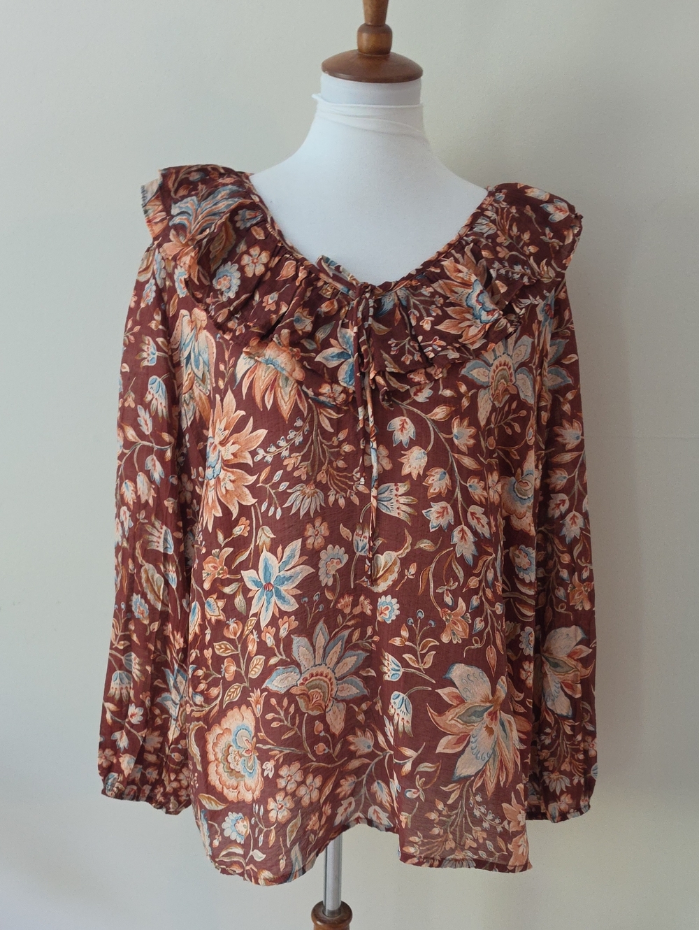 Cece Brown Floral Ruffle-Neck Womens Top Brand New